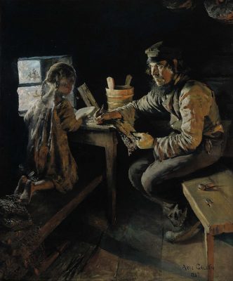 Akseli Gallen-Kallela: Ensi opetus (1887-1889). Kansallisgalleria/Ateneumin taidemuseo, Herman ja Elisabeth Hallonbladin taidekokoelma. Kuva: Kansallisgalleria.