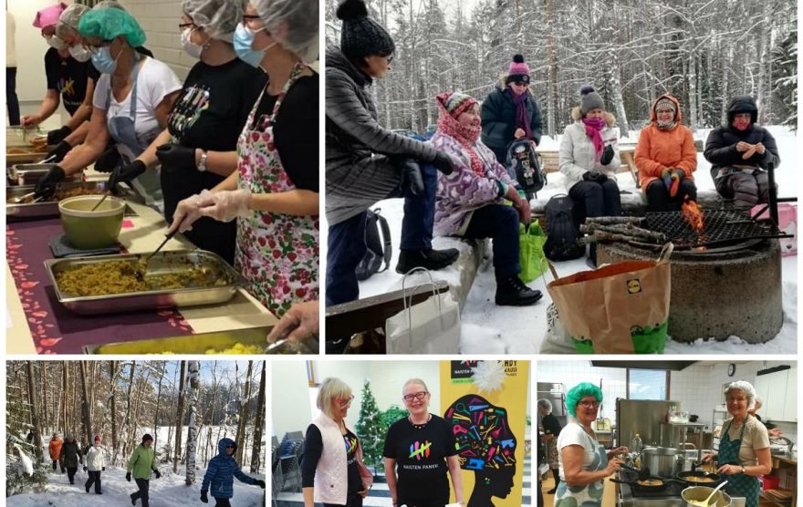 Kuvakollaasi viidestä kuvasta., joissa naiset esittelevät erimuotoisia vapaaehtoistehtäviä sukkamyyjäisistä ruoanjakeluun.