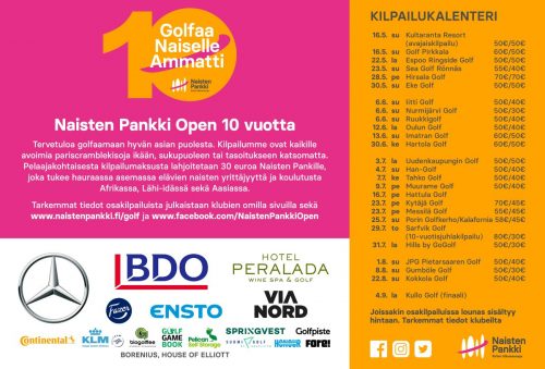 Golffaa naiselle ammatti 10-vuotis logo ja yhteistyökumppaniden logija