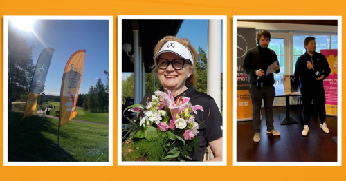 kolme kuvaa joissa yhdessä naisten pankin lippu golfkentällä, toisella hymyilevä nainen kukkakimpun kanssa, kolmannessa kuvassa kaksi miestä palkinnot kädessä.