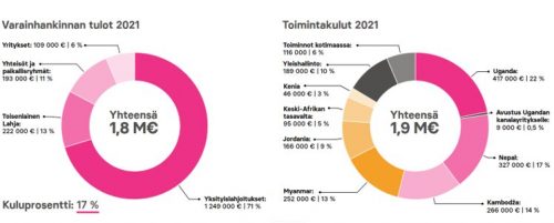 Kuvassa kaksi graafia osoittamassa Naisten Pankin tulot ja menot vuodelta 2021