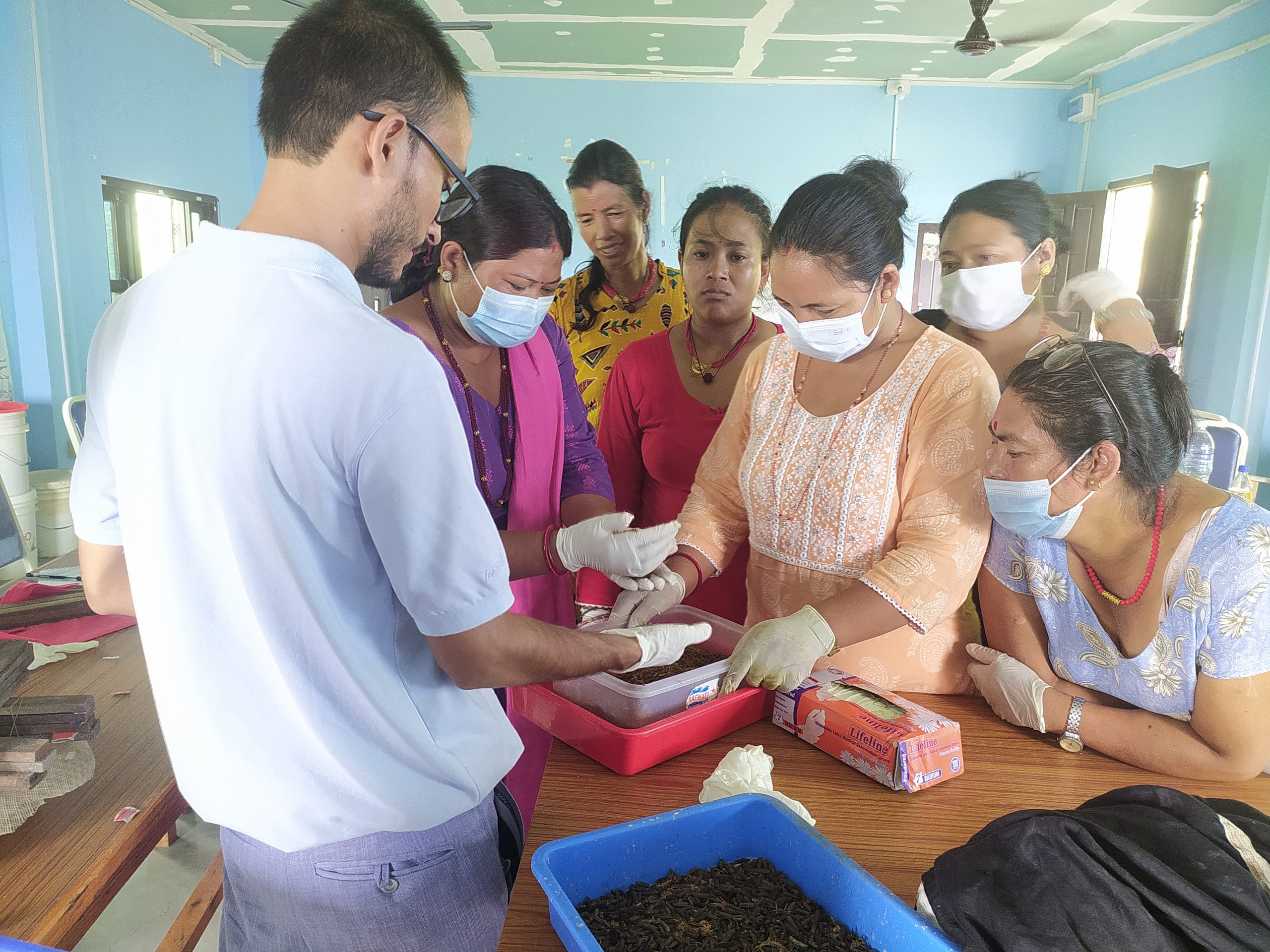 Women gather round a man holding larvae at a demonstration of how black soldier fly larvae can be bred for animal feed in Nepal