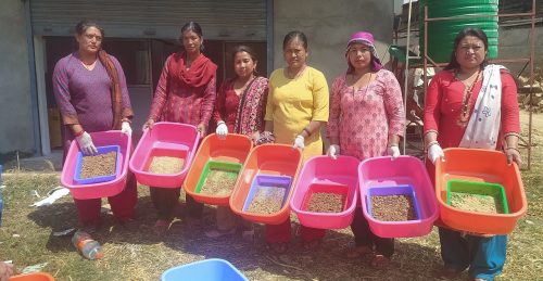 Six women pose for a photo holding trays