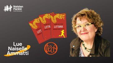 Kolme kirjankantta ja naisen kuva oikeassa reinassa.