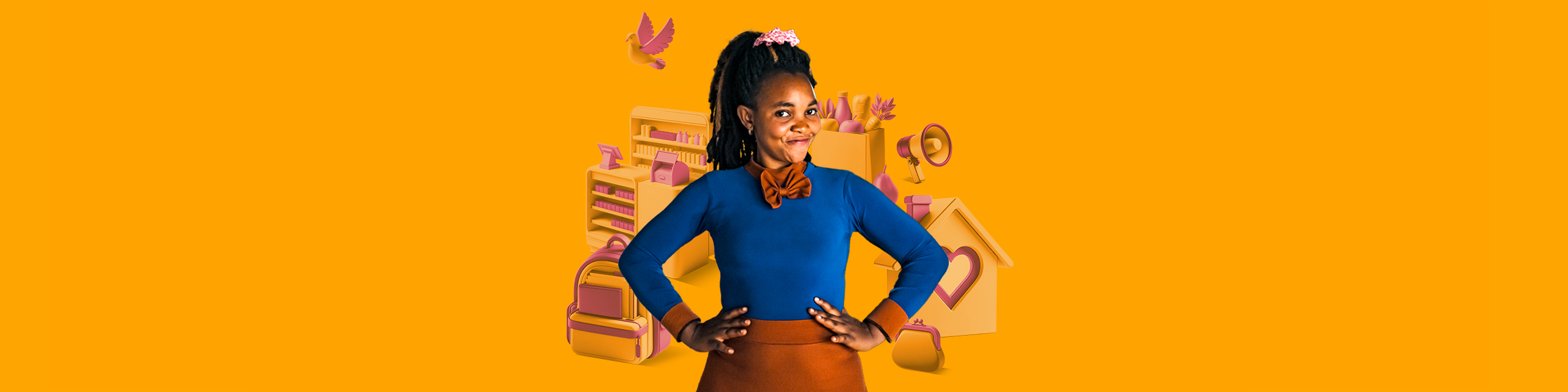 Nainen hymyilee ja katsoo kameraan. takana symboleita jotka kuvastavat hänen työnsä merkitystä: koti, työ, koulureppu.