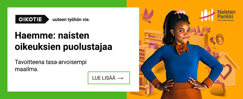 Oikotien työpaikkailmoitus jossa haetaan naisten oikeuksien puolustajaa. Kuvassa on myös nainen, jolla on kädet tomerasti lanteilla.