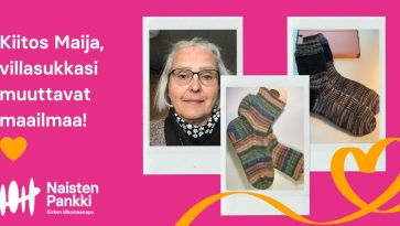 Kollaasi kuvia: naisen kasvot sekä villasukkia.