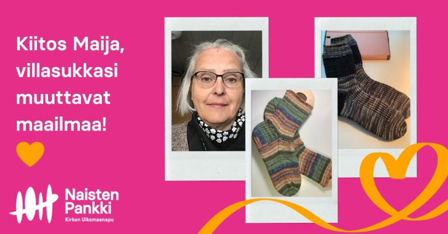 Kollaasi kuvia: naisen kasvot sekä villasukkia.