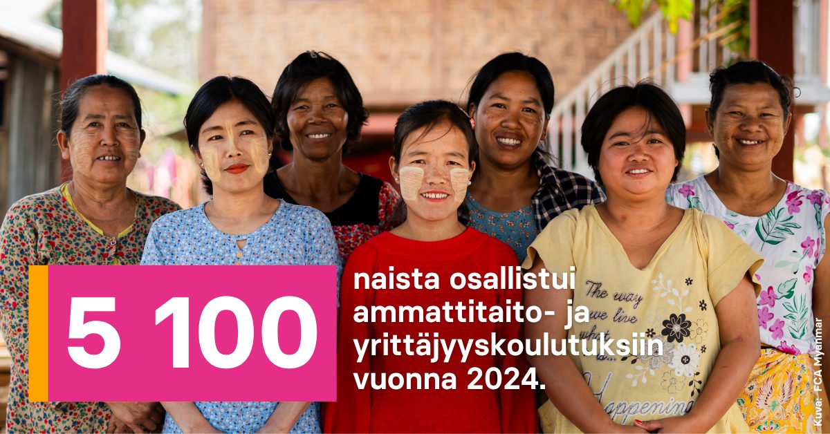 Ryhmä naisia katsoo kameraan ja hymyilee