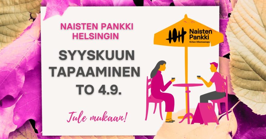 piirros, jossa kaksi henkilöä pöydän ääressä varjon alla kahvittelemassa