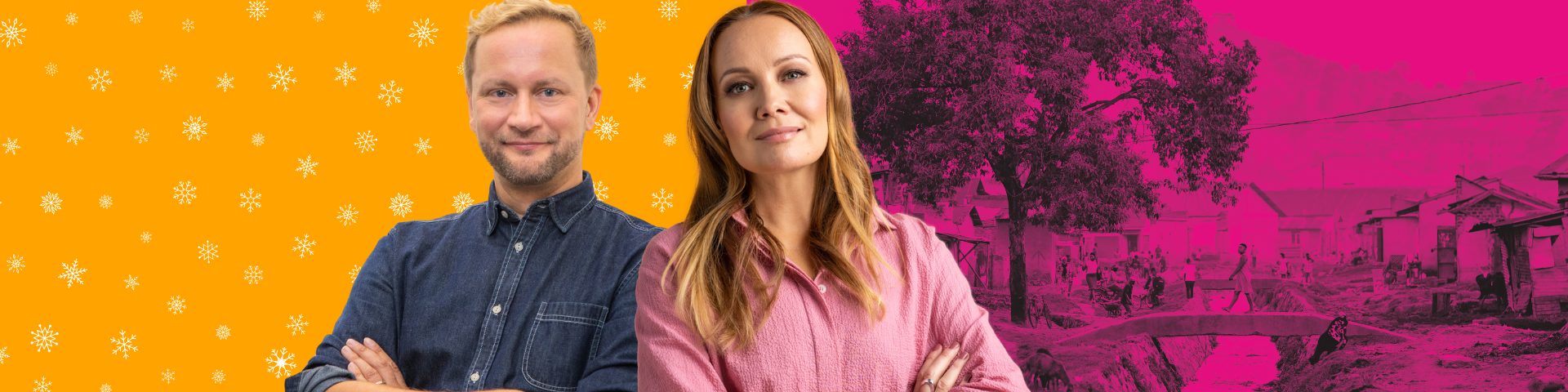 Mies ja nainen katsovat kameraan ja hymyilevät aavistuksen