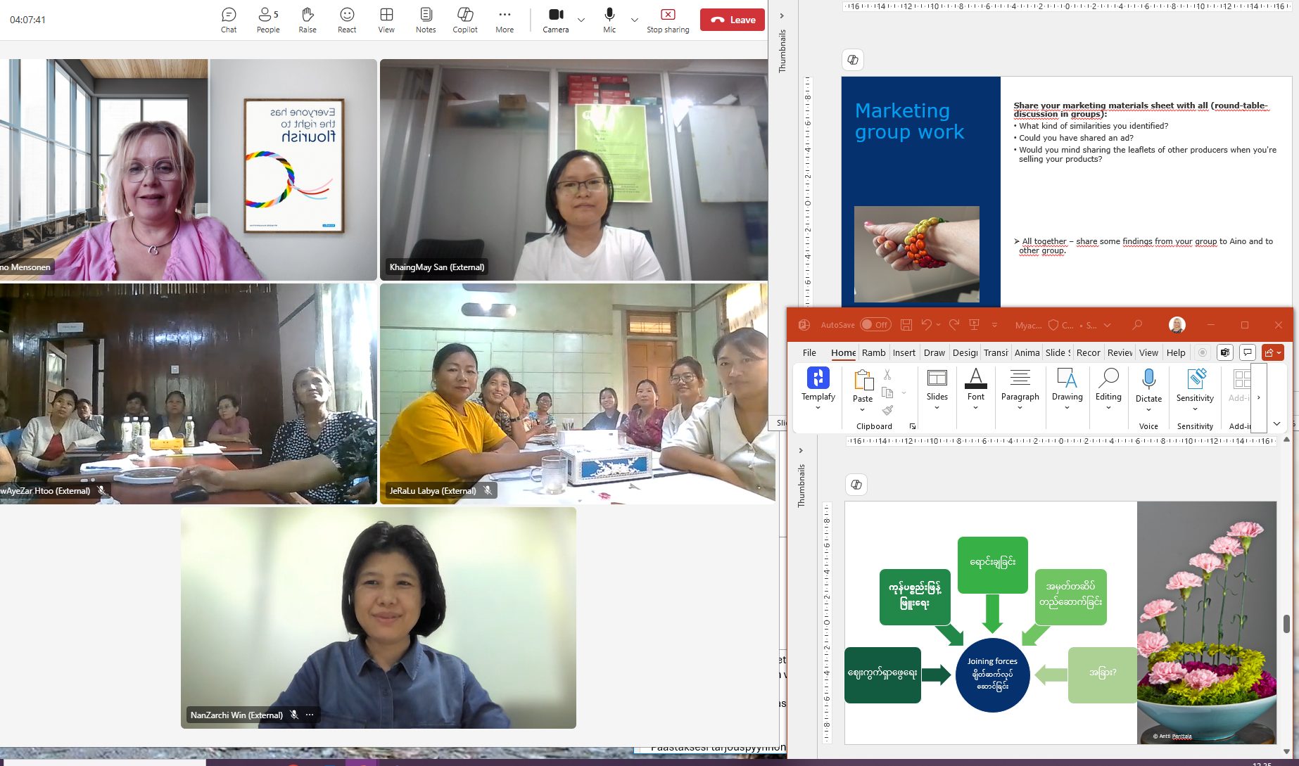 Eri kuvaruuduilla näkyviä naisia sekä kuvaesitys koulutuksen aiheesta.