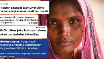 Naisen kasvot ja lehtien uutisotsikkotekstejä.