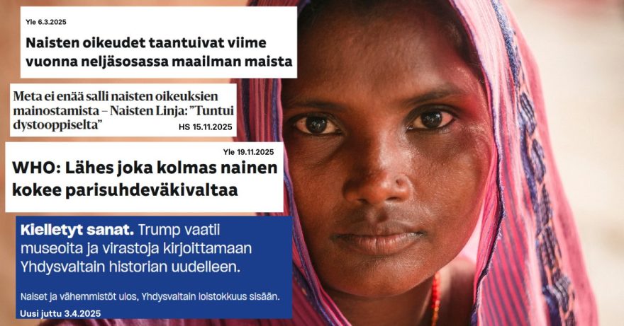 Naisen kasvot ja lehtien uutisotsikkotekstejä.