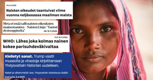 Naisen silmät ja lehtien uutisotsikkotekstejä.