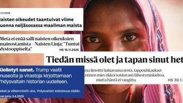 Naisen silmät ja lehtien uutisotsikkotekstejä.