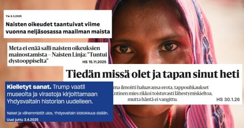 Naisen silmät ja lehtien uutisotsikkotekstejä.