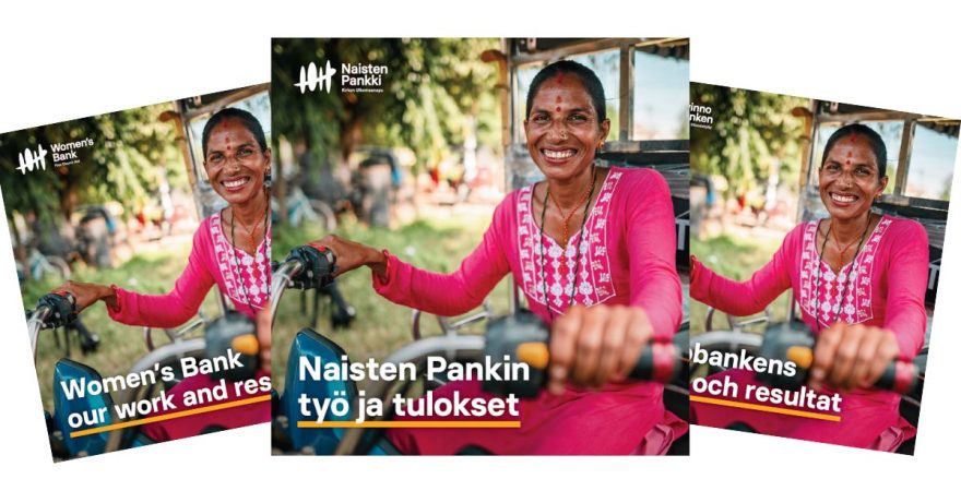 kolme kuvaa lehdestä, jonka kannessa on nainen, joka ajaa tuktuk-taksia pinkissä asussaan.