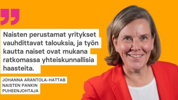 Nainen punaisessa jakussa ja mietelause.