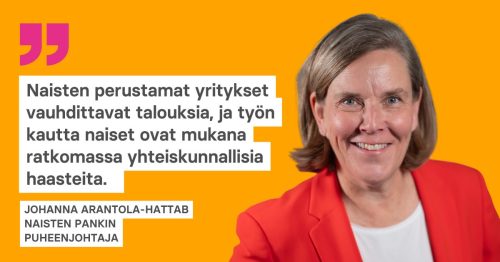 Nainen punaisessa jakussa ja mietelause.