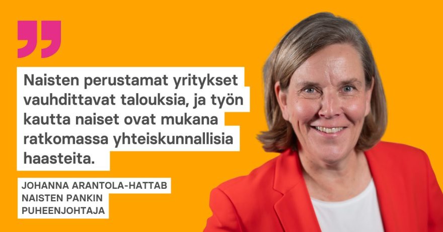 Nainen punaisessa jakussa ja mietelause.