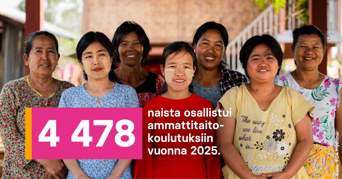 ryhmä naisia värikkäissä vaatteissa hymyilee kameralle.