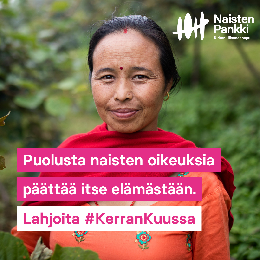 nainen katsoo kameraan ja hymyilee itsevarmana. Tekstissä pyydetään puolustaamaan naisten oikeuksia päättämään itse elämästään.