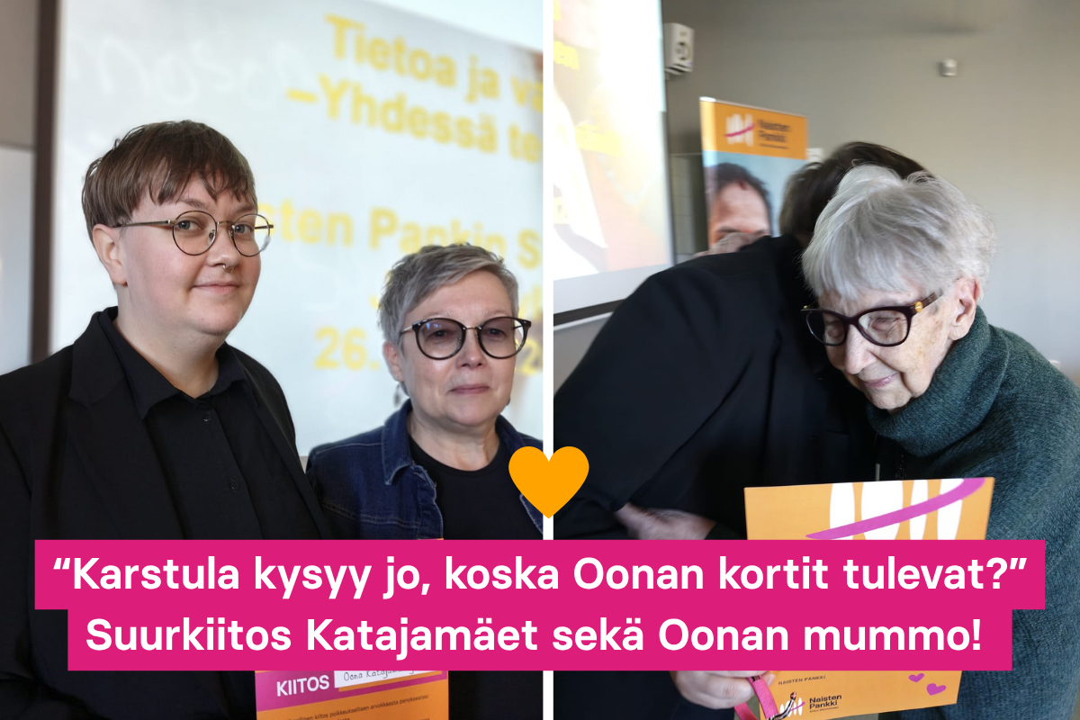 Kaksi naista seisoo vierekkäin ja kaksi naista halaa toisiaan.